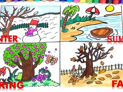 HOW TO DRAW FOUR SEASONS FOR KIDS-HOW TO DRAW WINTER,FALL,SUMMER AND SPRING
