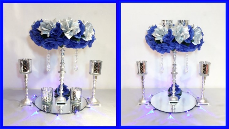 DIY BLUE AND SILVER GLAM FLOWER CENTERPIECE. Lighted Candle Holders. Simply Easy #9