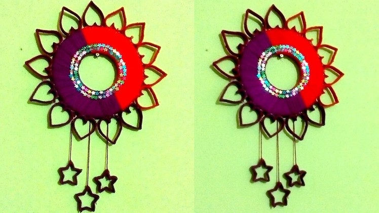 Diy wall hanging with cardboard and woolen. Empty plastic bottle wallhanging