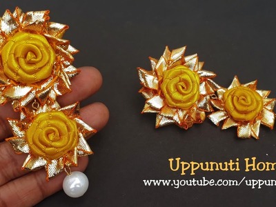 How To Make Designer Yellow Rose Gota Earrings At Home | DIY | Paper Jewelry Making | Uppunuti Home