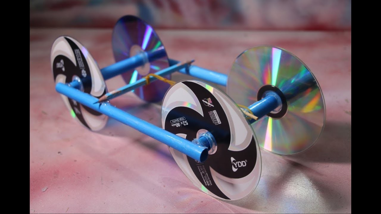 Make Rubber Band Powered Car With Recycle CD Disc - diy kids projects