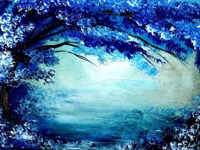Painting tree in blue and white acrylic colors over it's beautiful reflection in lake.