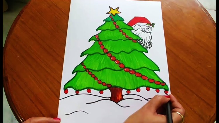 How to draw and color easy Christmas Tree and Santa for kids
