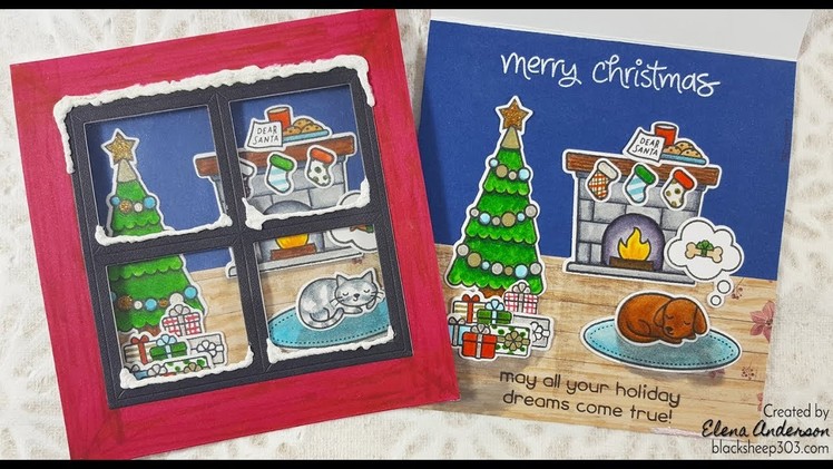 Lawn Fawn Christmas Dreams Window Card with Zig Clean Color Real Brush Markers