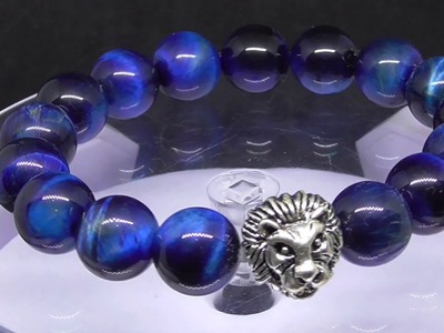 Silver Lion Head Blue Tiger Eye Beads Bracelet