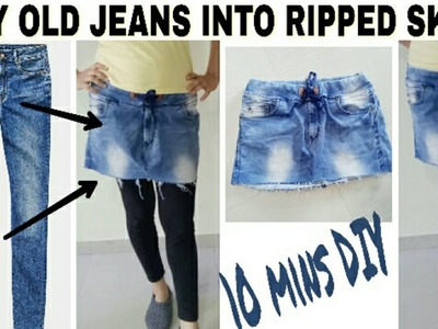 DIY Convert.Recycle Old Jeans Into Ripped skirt