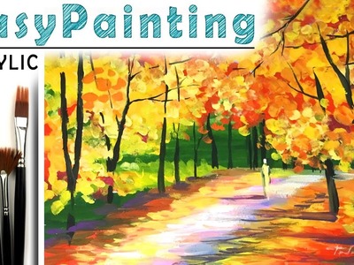How to paint beautiful fall forest LANDSCAPE! Acrylic paint tutorial for beginners. Tree painting 如何