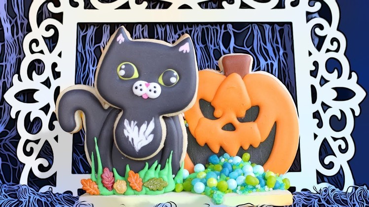 3D Halloween Cookie Scene with Black Cat & Jack O'Lantern - Cute Halloween Royal Icing Cookies