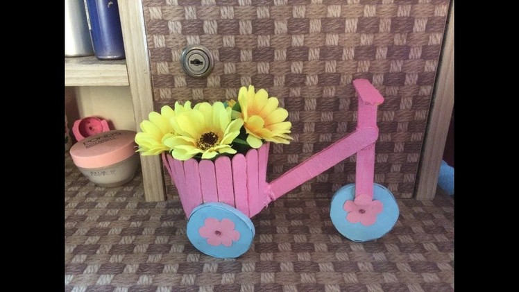 DIY bicycle using popsicle stick and ice cream cup.Ice cream stick flower basket .Crafts for kids.