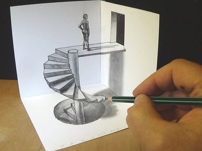 Drawing Spiral Stairs - How to Draw 3D Caracole - Anamorphic Corner Art - Vamos