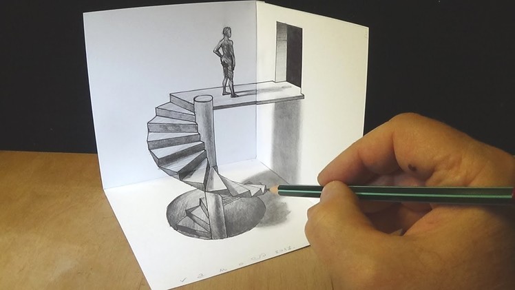 Drawing Spiral Stairs - How to Draw 3D Caracole - Anamorphic Corner Art - Vamos