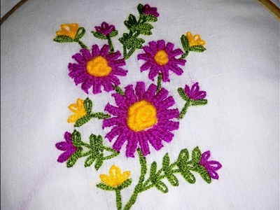 Hand Embroidery Buttonhole bar flower stitch Design video tutorial.