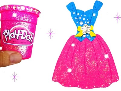 Play Doh Making Colorful Sparkle Barbie Disney Princess Dress DIY Glitter Clay Modeling for Children