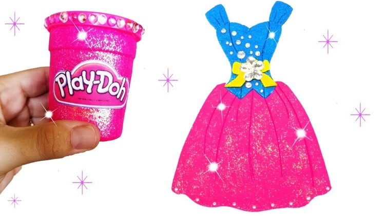 Play Doh Making Colorful Sparkle Barbie Disney Princess Dress DIY Glitter Clay Modeling for Children