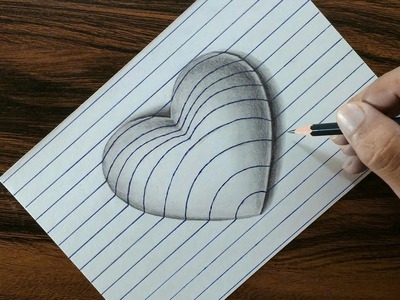 Very Easy!! 3D Heart on Line Paper - Trick Art Drawing