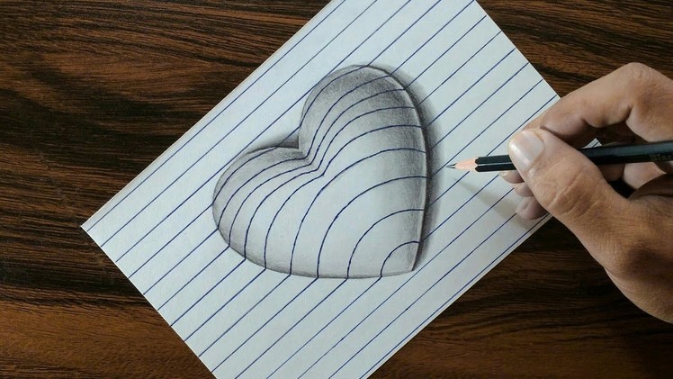 Very Easy!! 3D Heart on Line Paper - Trick Art Drawing