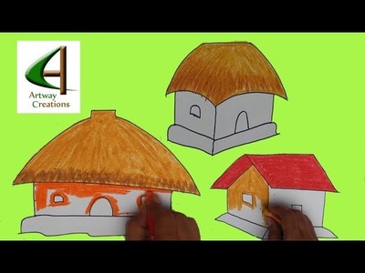 Easy drawings for kids || House drawing and colour | 3 drawing ideas for kids || Artway Creations
