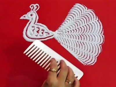 Easy peacock rangoli design using comb