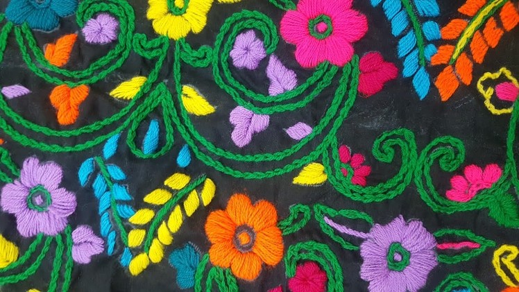 Hand embroidery: Beautiful satin and chain stitches multi colour. bharwan tanka