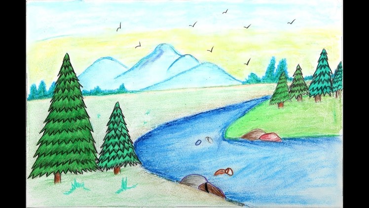 How to Draw a Landscape with oil pastel Step by Step - Easy and simple landscape for beginners