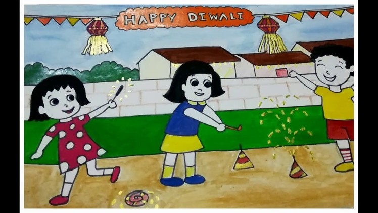 How to draw kids celebrating Diwali festival easy drawing for kids