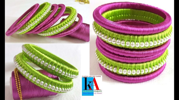 How to Make Silk Thread Bangles set using small pearls at home. tutorial