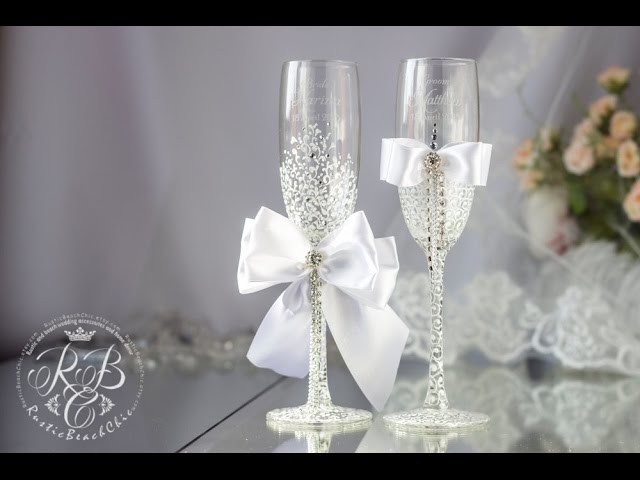 Luxurious White Wedding Champagne Personalized Glasses