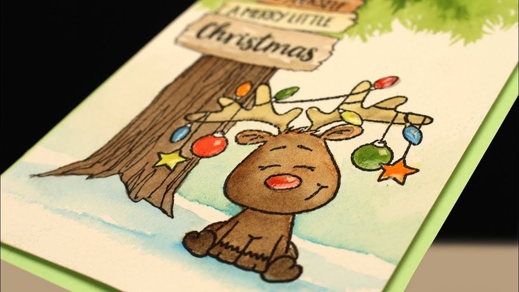 Watercolor Christmas Card: Reindeer Under a Pine Tree