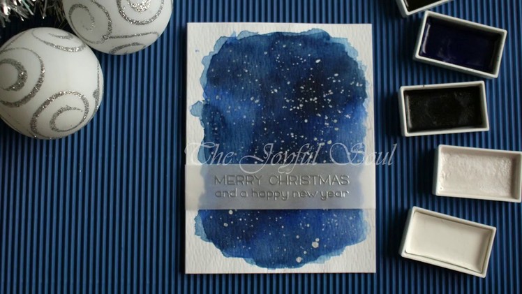 Watercolor Night Sky Christmas Card with Gansai Tambi paints and Lawn Fawn stamps