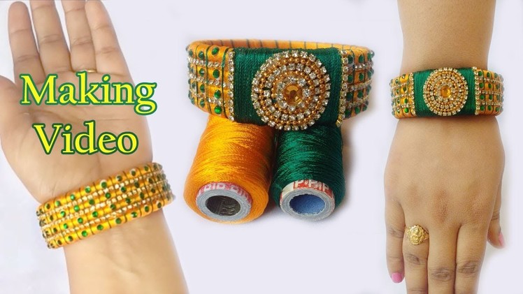 DIY-How to make designer green diamond silk thread bangles | Yellow and Green  silk thread bangles