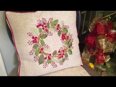 Ribbon Embroidered Holly and Berry Pillow or Table Runner