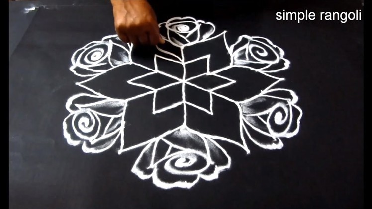 Simple rose kolam with 9 to 5 dots | simple rangoli | creative rose rangoli 2 3 2017