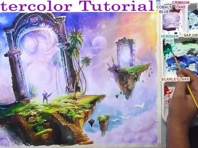 Watercolor painting fantasy world landscape in colorful sky