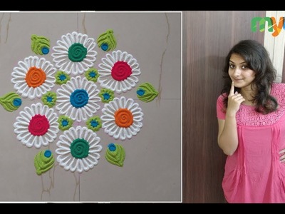 #117 Simple and Small Rangoli Designs with Flower. Use easily available materials at Home.