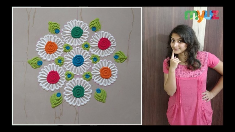 #117 Simple and Small Rangoli Designs with Flower. Use easily available materials at Home.