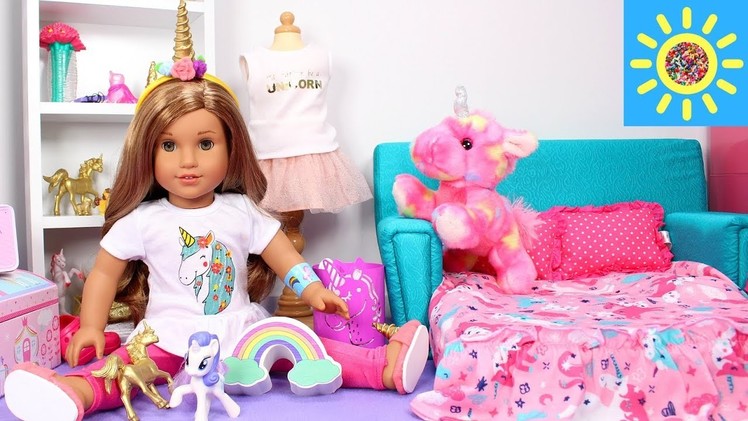 Baby Doll Bedroom with Unicorns & Rainbows! American Girl doll play dress up