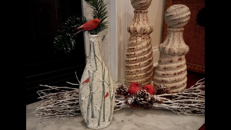 "Red Cardinals and Trees in Snow" Bottle -- DIY Decoupage Mixed Media Project