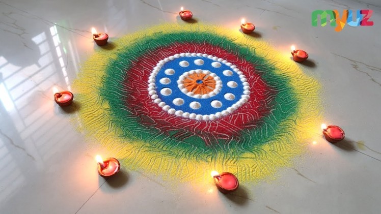 Simple Diwali Rangoli Design using Fork, Box Cap and Lipsticks