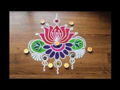 Simple Freehand flower rangoli designs with colours - Diwali rangoli design