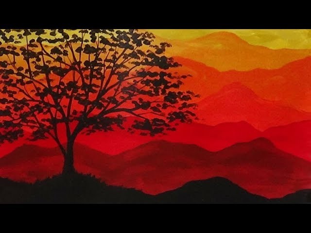 Abstract Acrylic Painting Autumn Mountains and Tree Silhouette Painting
