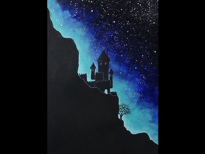 Easy Acrylic Painting Starry Sky & Mountaintop | Castle and Tree Silhouette Painting