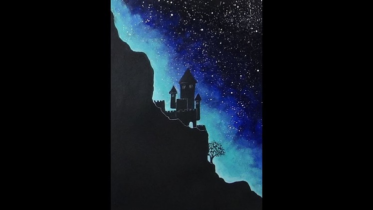 Easy Acrylic Painting Starry Sky & Mountaintop | Castle and Tree Silhouette Painting