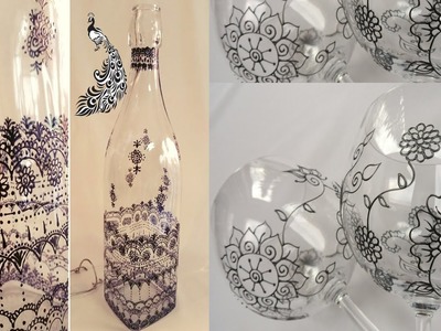 Henna design on glass with glass painting | Henna Inspired Wine Glass Decor