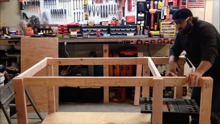 How to build your own mobile workbench with built in table saw and vise.