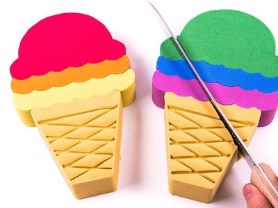 Learn Colors Kinetic Sand Rainbow Ice Cream Cones Scoop Cake Cutting Play DIY for Kids Children