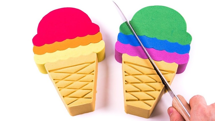 Learn Colors Kinetic Sand Rainbow Ice Cream Cones Scoop Cake Cutting Play DIY for Kids Children