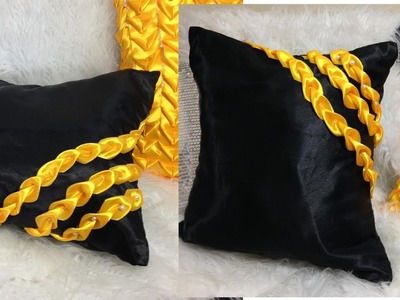 Ribbon decorated couch cushion in Black n Yellow