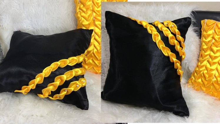 Ribbon decorated couch cushion in Black n Yellow