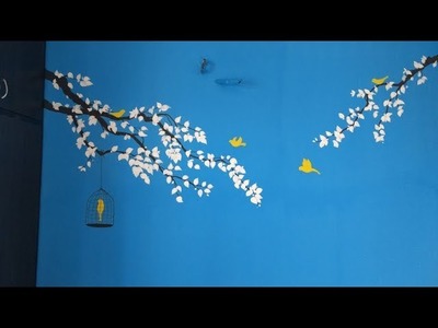 White Blossom Leaves Blue Wall Painting by Babita Keshan