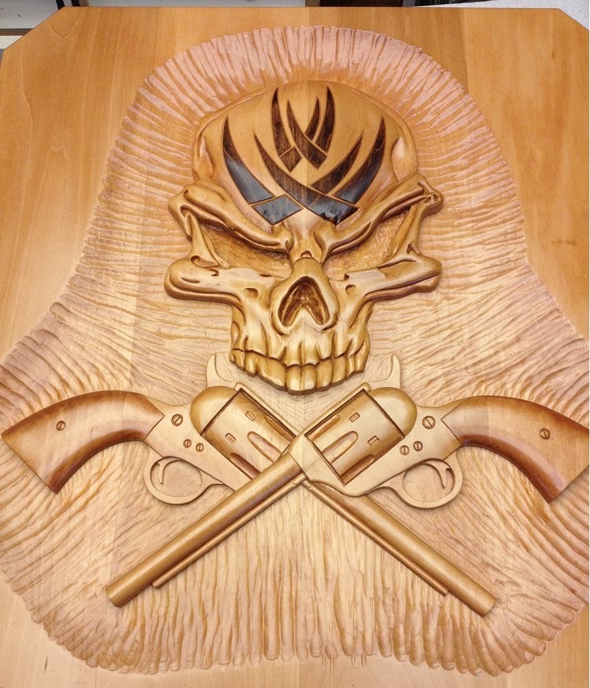How to carve a large skull and Colt 45 crossbones relief style wall plaque